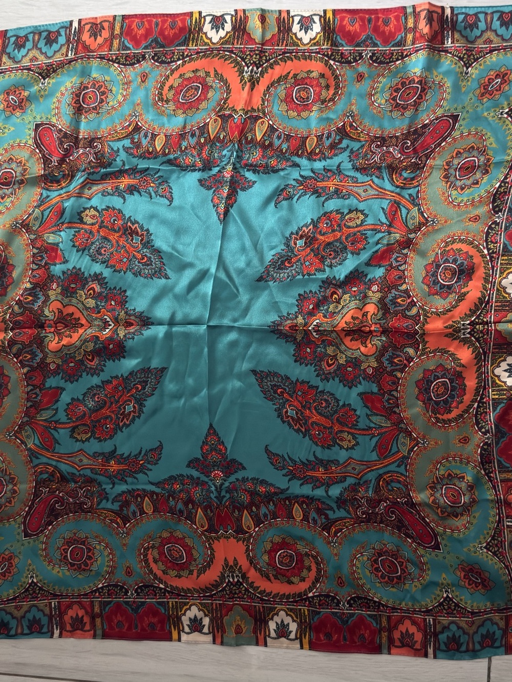 Silk-Feel Paisley Print Square Scarf - Turquoise & Coral
